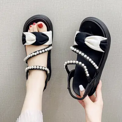Women's Black Pearl Roman Thong Sandals with Thick Sole