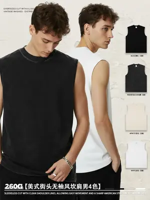 Vintage Cross-Border 260g Heavy Washed Black Sleeveless T-Shirt