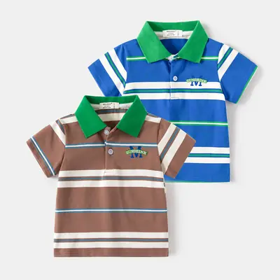2026 Boys Striped Polo T-Shirt Set Brown Green