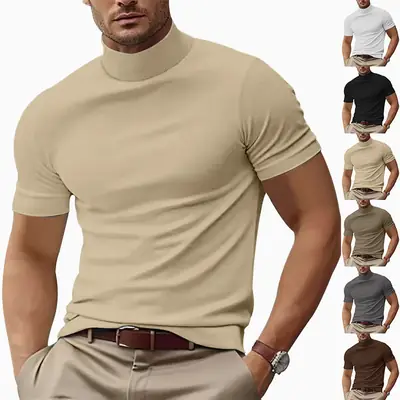 Men's Gray Half-High Neck Slim Fit T-Shirt