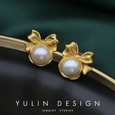 French Gold Bow Earrings with Natural Pearl Studs