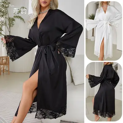 White Satin Nightgown with Belt & Lace