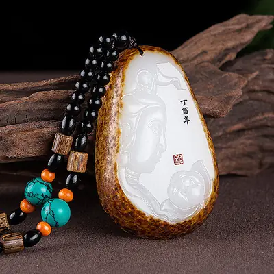 Afghan Jade Lotus Pendant with Green & Orange Beads