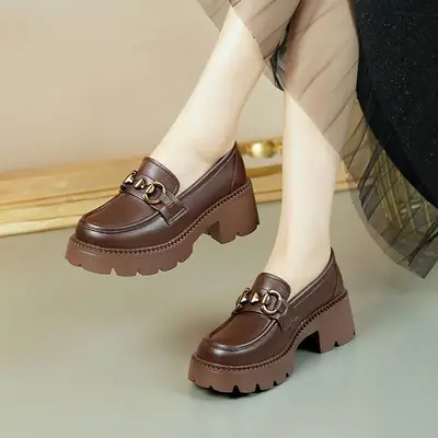 Women's Black Leather Slip-on Loafers Thick Heel