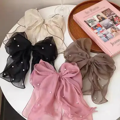 Super Fairy Chiffon Bow Hairpin Women's Back of Head Disc Hair Con Fluffy Hair Display Multi-headdress Korean Style Pearl Top Clip