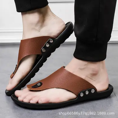 Lightweight Men's Genuine Leather Flip Flops Waterproof