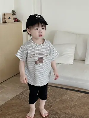 Kids Striped T-Shirt Shorts Set White Blue Bear Print
