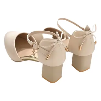 Women's Beige Chunky Heel Sandals 2024 Summer