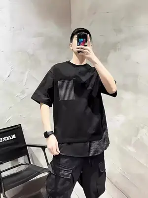 Men White Striped Patchwork T-Shirt Short Sleeve