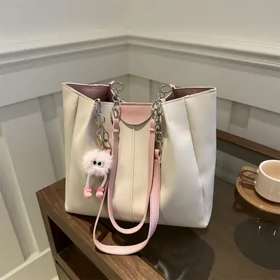 Women's Beige Shoulder Bag with Keychain & Wallet Set