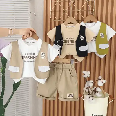 3-Piece Boys Summer Suit White Black Green Shorts Set