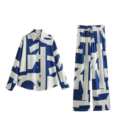 Cross-border 2024 Spring New European and American-style Printed Lapel Long-sleeved Silk Satin Texted Shirt Casual Pants Set for Women
