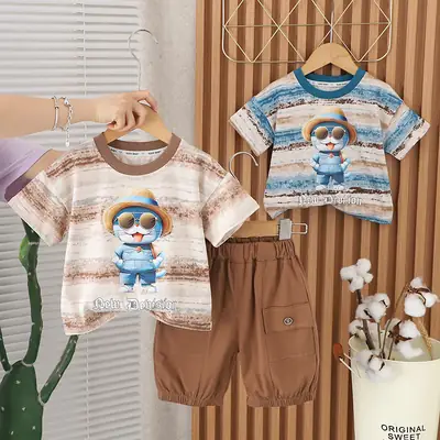 Children's Cartoon Print T-Shirt Shorts Set Brown Blue