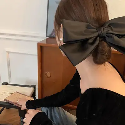 Black Big Bow Hairpin for Women High Satin