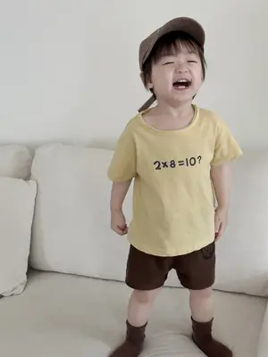 Kids Letter T-Shirt Shorts Set Brown Cap Summer Wear