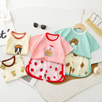 Kids Cotton Bear Print Shorts Set Summer