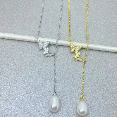 Butterfly Pearl Necklace Gold Silver Women's Design