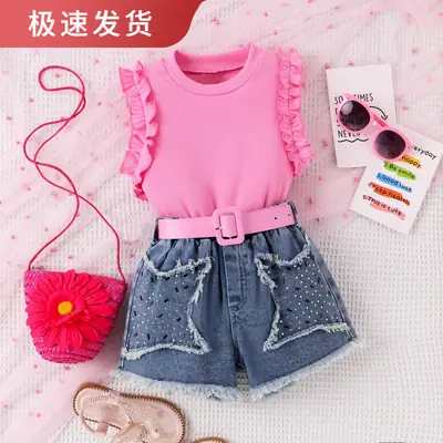 Girls Pink Sleeveless Top with Blue Denim Shorts
