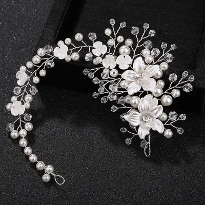 Bridal Hairband Flower Crystal Pearl White