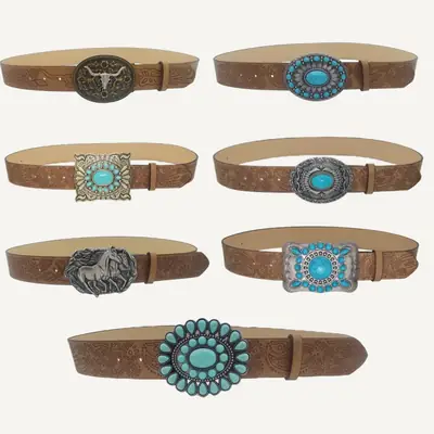 Women's Turquoise Floral Belt with Brown Leather Strap