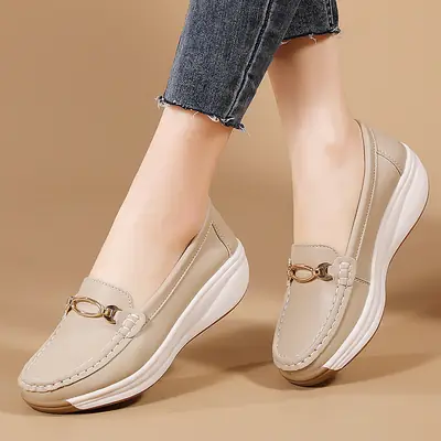 Cross-Border European and American Large Size Women's Shoes Spring and Autumn New Fashion Thick-Soled Platform Shoes Metal Buckle Wedge Heel Shallow Mouth Mother's Shoes