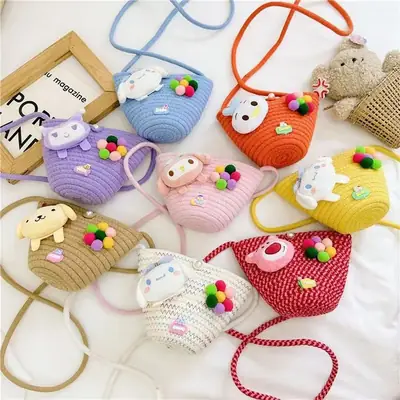 Girls Cartoon Straw Shoulder Bag with Colorful Pom Pom