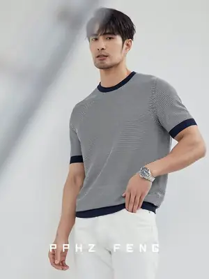 Men Ice Silk Knit Sailor Print T-Shirt Grey