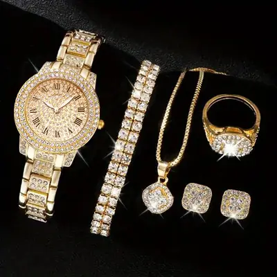 5pcs Diamond Watch Set for Women Roman Quartz Bracelet