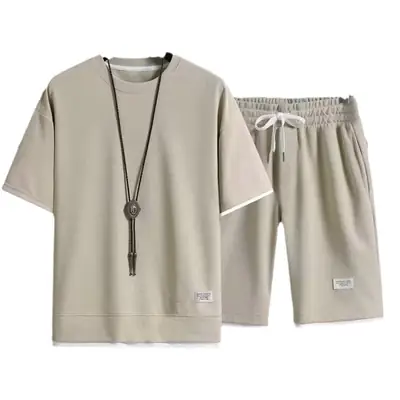 Men Black Waffle Short Sleeve Suit Hong Kong Style