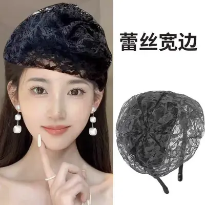 Black Lace Wide Brim Hair Cover Hat