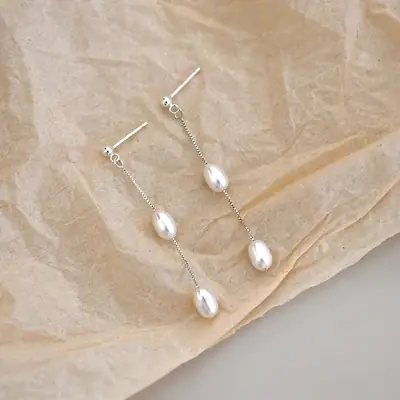 Rachel's Pearl Earrings 925 Sterling Silver Long Dangle
