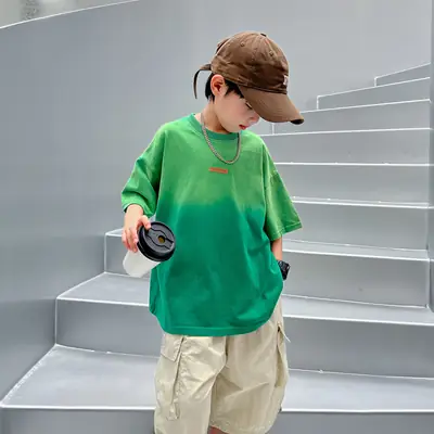 Boys Green Gradient Cotton T-Shirt 2026