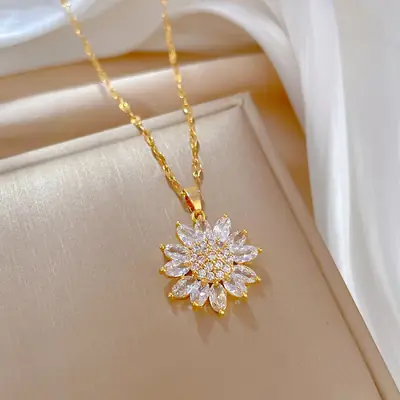 Titanium Steel Sunflower Diamond Necklace for Women