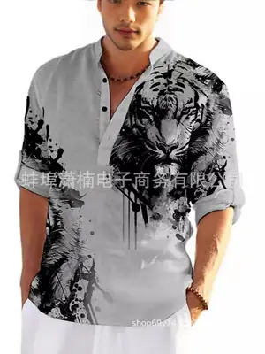 3D Graffiti Collar Shirt White Men Casual Long Sleeve
