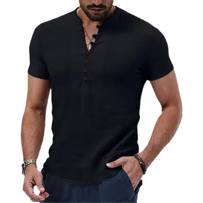 Men Vintage Cotton Linen Henry Collar Shirt Blue Short Sleeve