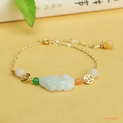 Jadeite Pixiu Bracelet for Women Green Pearl Gold Chain