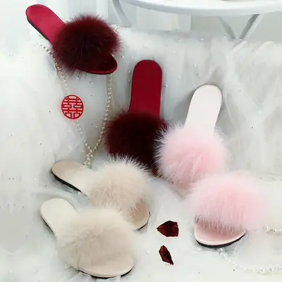 Wedding Red Feather Plush Slippers for Bridesmaids