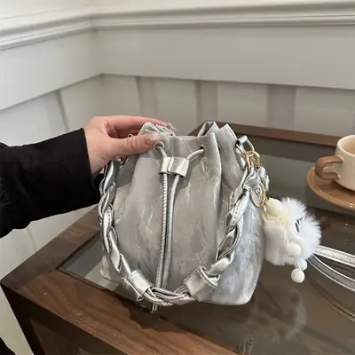 Women's Light Grey Bucket Bag with Chain Strap