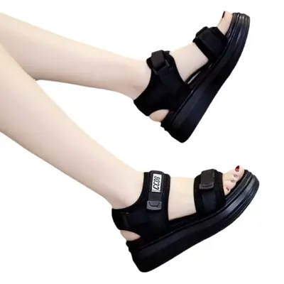Women's Black Wedge Sandals with Velcro Strap