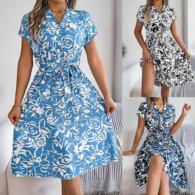 2026 European and American Amazon Spring/Summer Casual V-Neck Button Batwing Sleeve Floral Flared Dress Women's Clothing