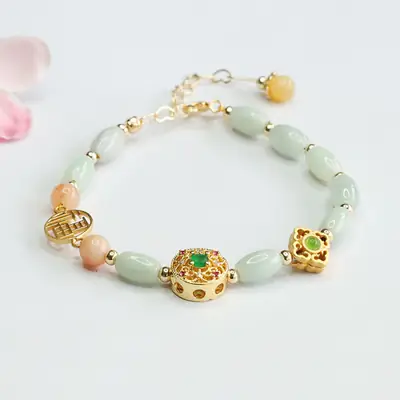 Guan Yu Jadeite Bracelet with Green & Pink Beads