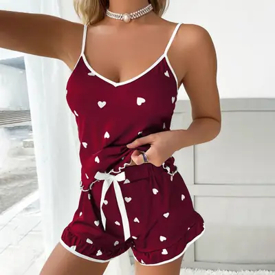 Women's Black Heart Print Pajama Set with Elastic Waist Shorts