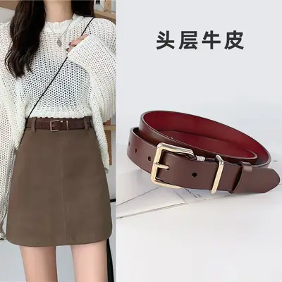 Black Vintage Genuine Leather Women's Belt with Gold Buckle
