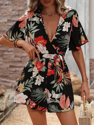 Floral Cross-collar Belt Shorts Women's Jumpsuit