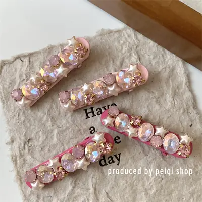 Japanese Korean Pink Flash Diamond Five Star Hairpin Clips