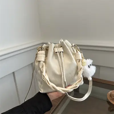 Pink Drawstring Shoulder Crossbody Bag with Rope Trim