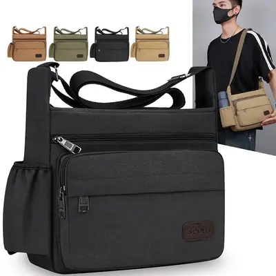 Men's Black Canvas Shoulder Bag Large Capacity Washable