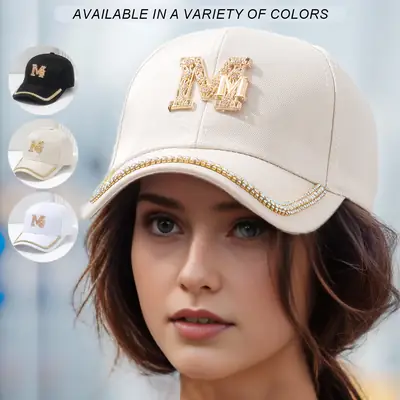 White Metal M Cap with Rhinestone Hip Hop Design