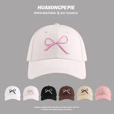 Women Embroidered Bow Baseball Cap Pink White Spring Summer