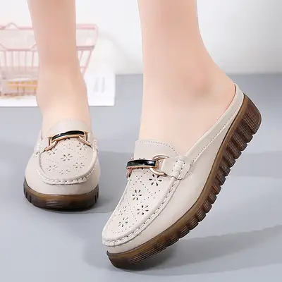 Half Slippers Women's Wedge Shallow Mouth Slip-on Spring and Summer Hollow Breathable Home Office Lightweight Ox-tendon Sole Middle-aged Slippers